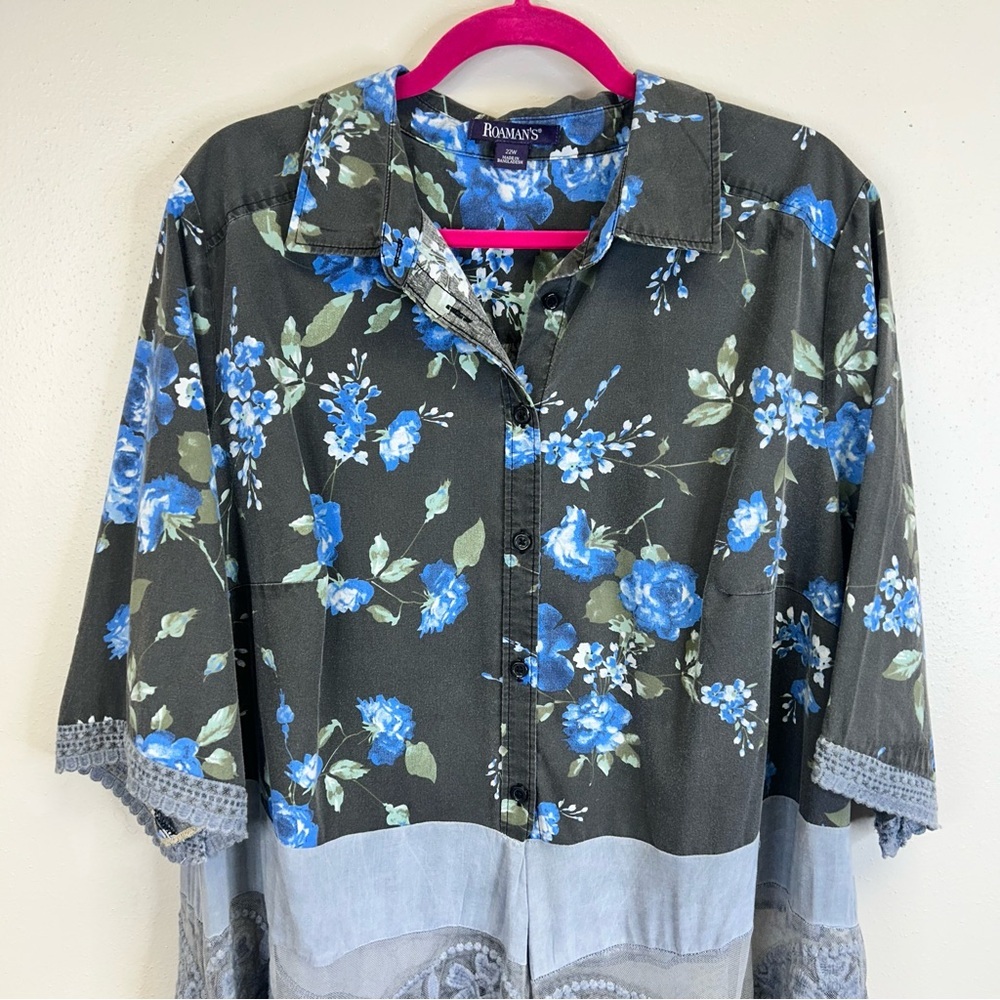 Floral Plus Size Upcycled Beth Dutton Tunic Blue Lace Plus Size 22W Western Boho - Picture 10 of 13